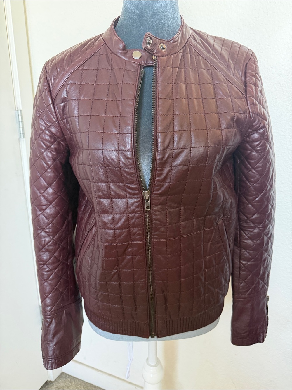 Asos Quilted Burgundy Leather Jacket - Women's Zip Front, 8
